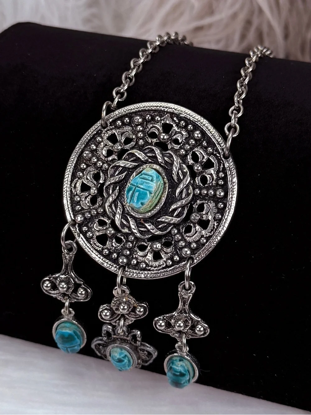 Egyptian Revival Scarab Medallion Necklace Blue Cabochon Dangles Silver Tone